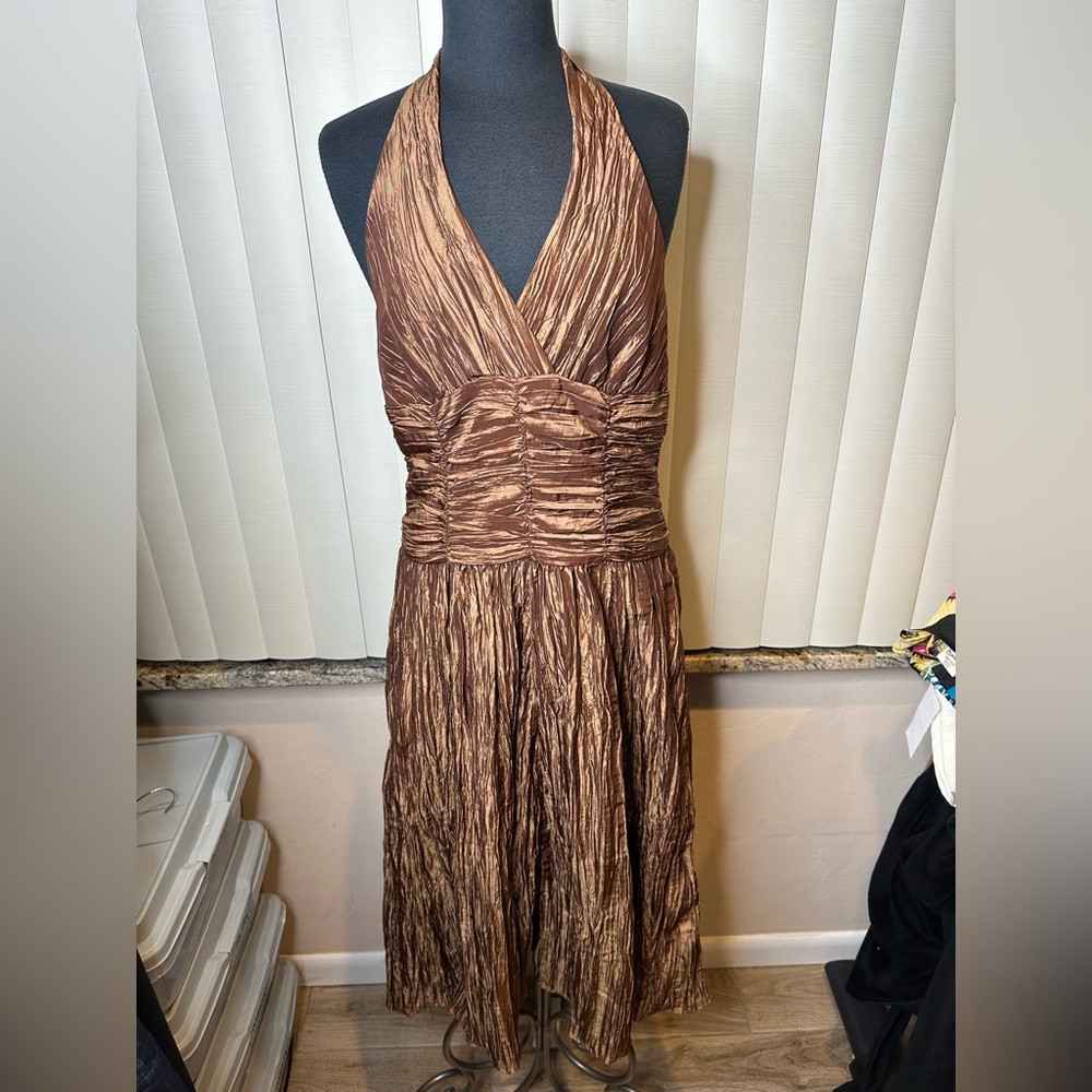 Dorothee Bis Metallic Brown Pleated Ruched Halter Dress Size 14